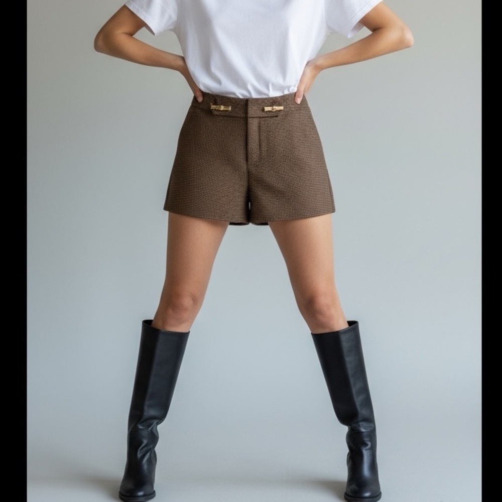 Britt Ryan Mid Rise Shorts Mini Polkadots – Size 6 – Textured Cotton Blend Brown
